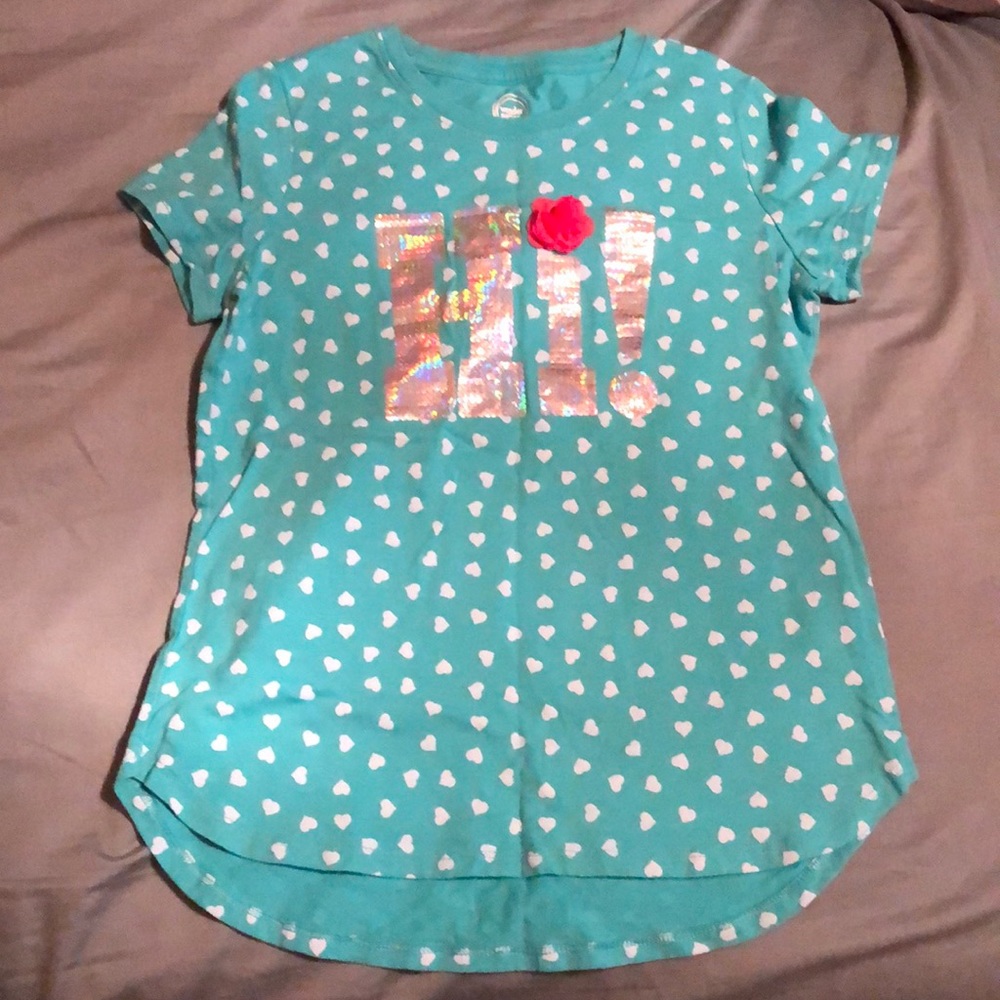 Little Girl’s Blue Shirt With Hearts and Holo Hi